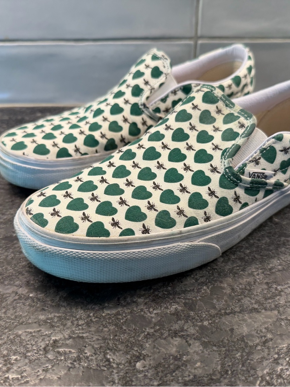 Vans Slip-On Sneakers with Green Heart & Bug Print